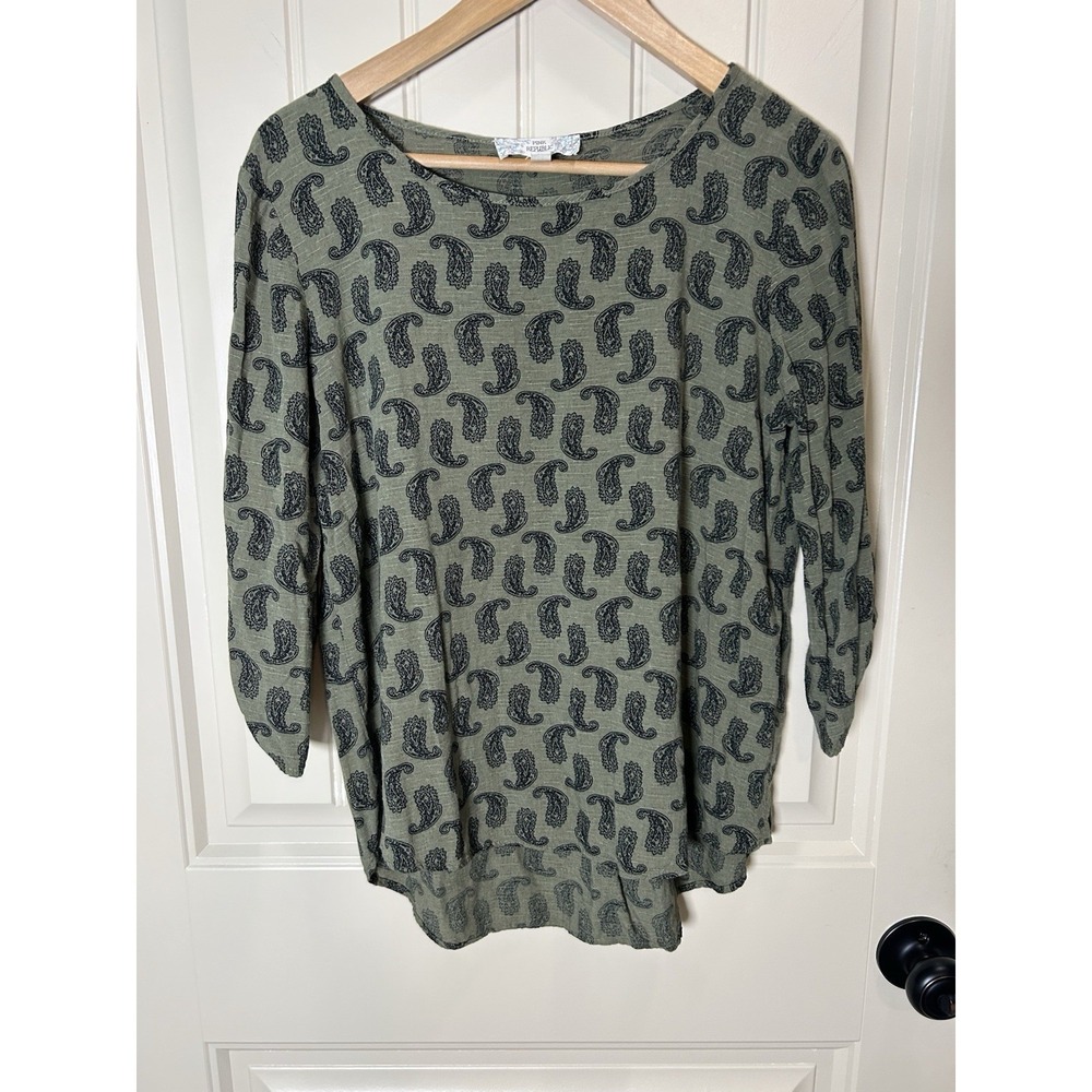 Pink Republic Womens M Olive Green Paisley Boho Roll Tab Top Festival Peasant